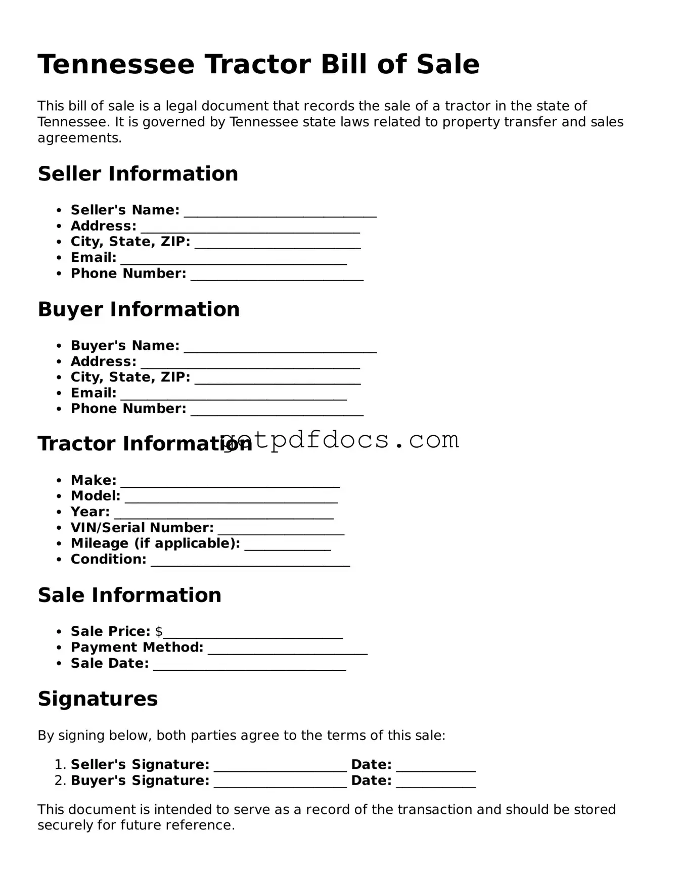 Attorney-Approved Tractor Bill of Sale Form for Tennessee State