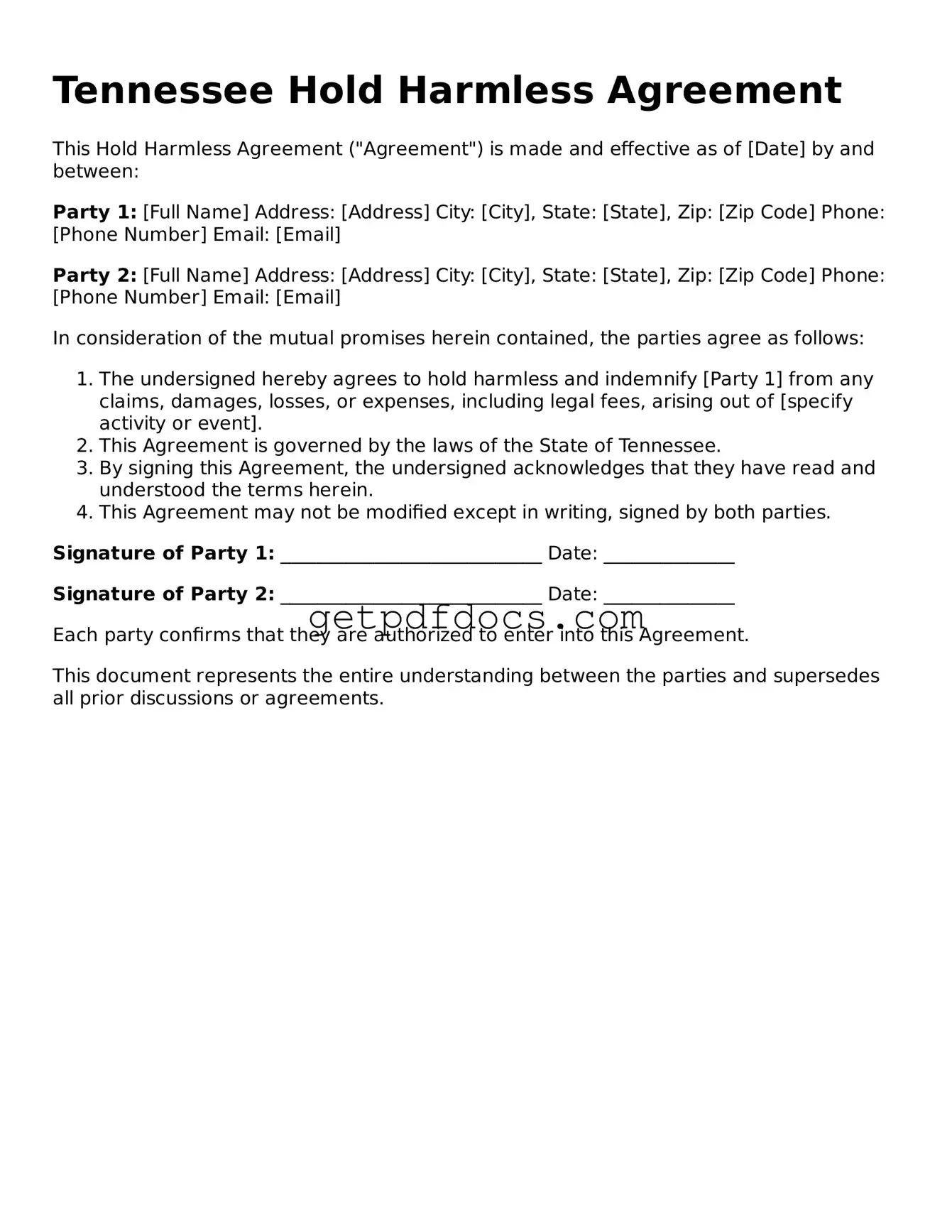 Attorney-Approved Hold Harmless Agreement Form for Tennessee State
