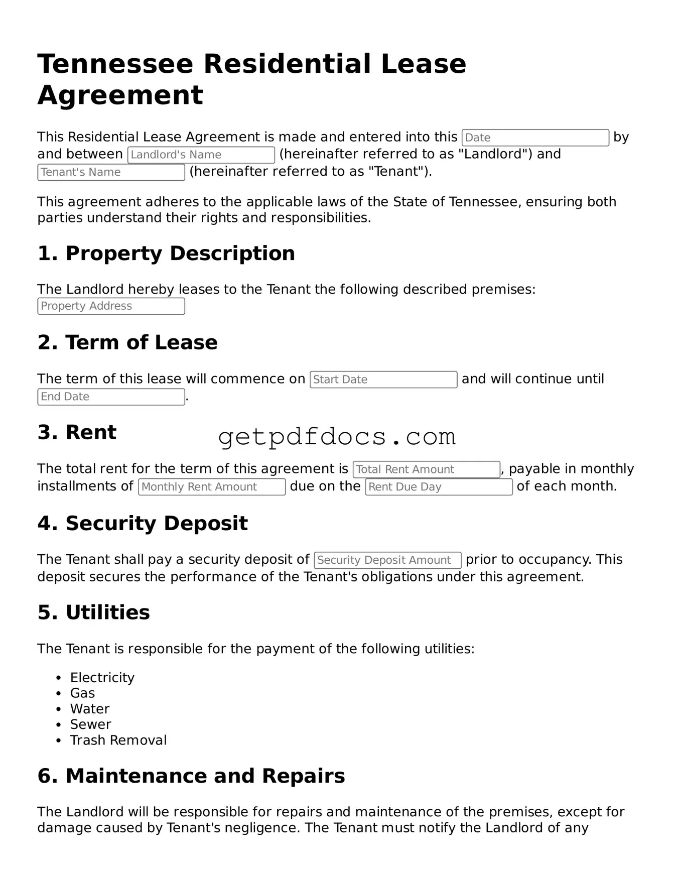 Attorney-Approved Residential Lease Agreement Form for Tennessee State