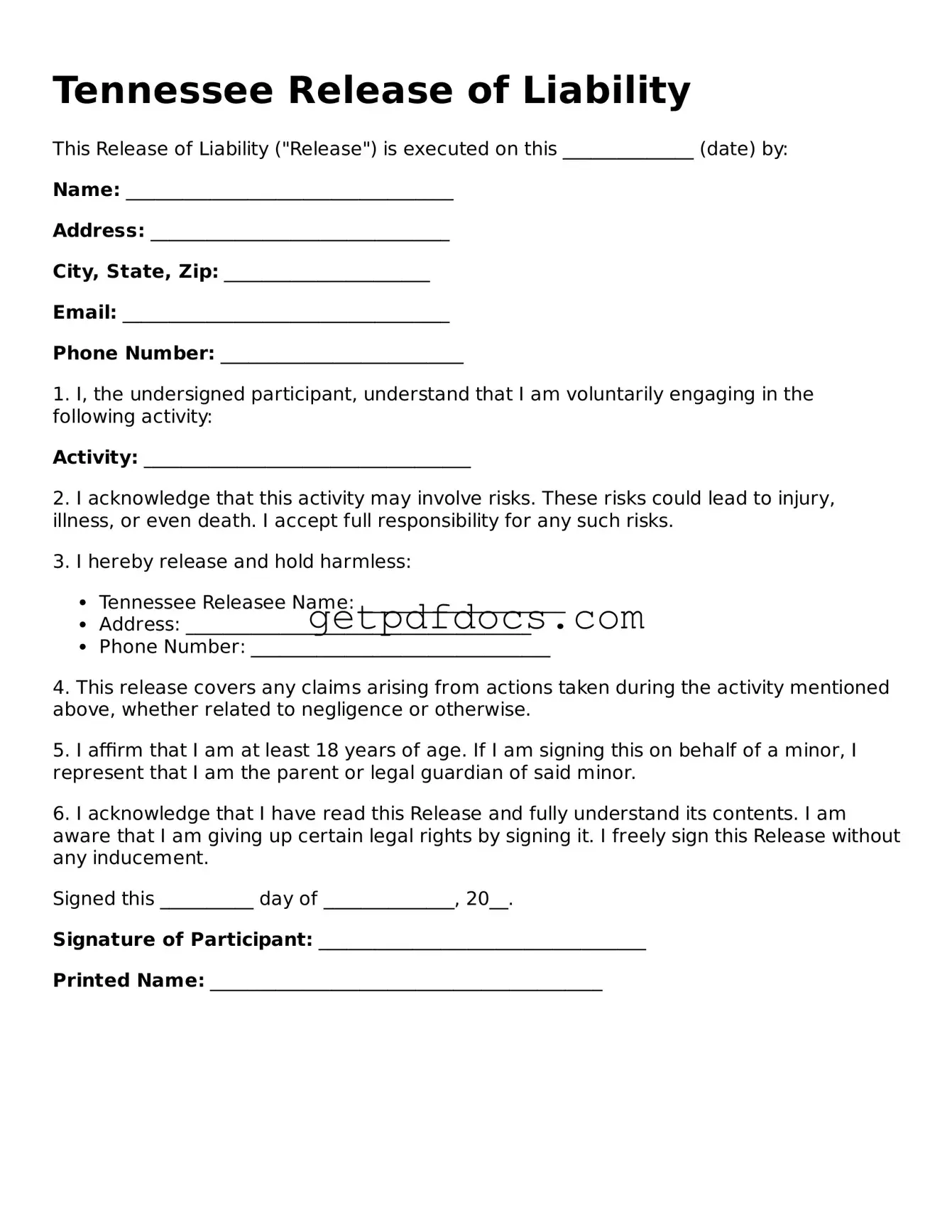 Attorney-Approved Release of Liability Form for Tennessee State