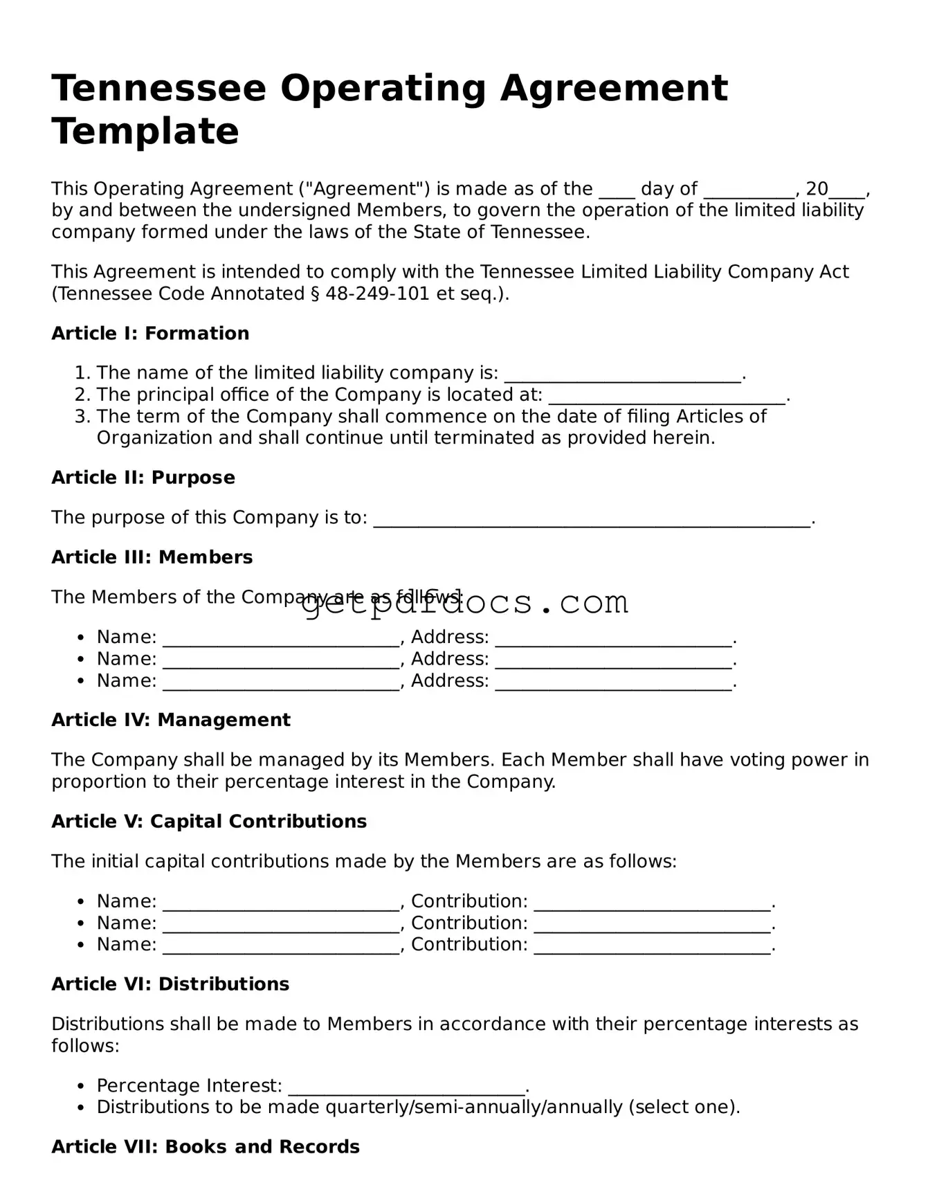 Attorney-Approved Operating Agreement Form for Tennessee State