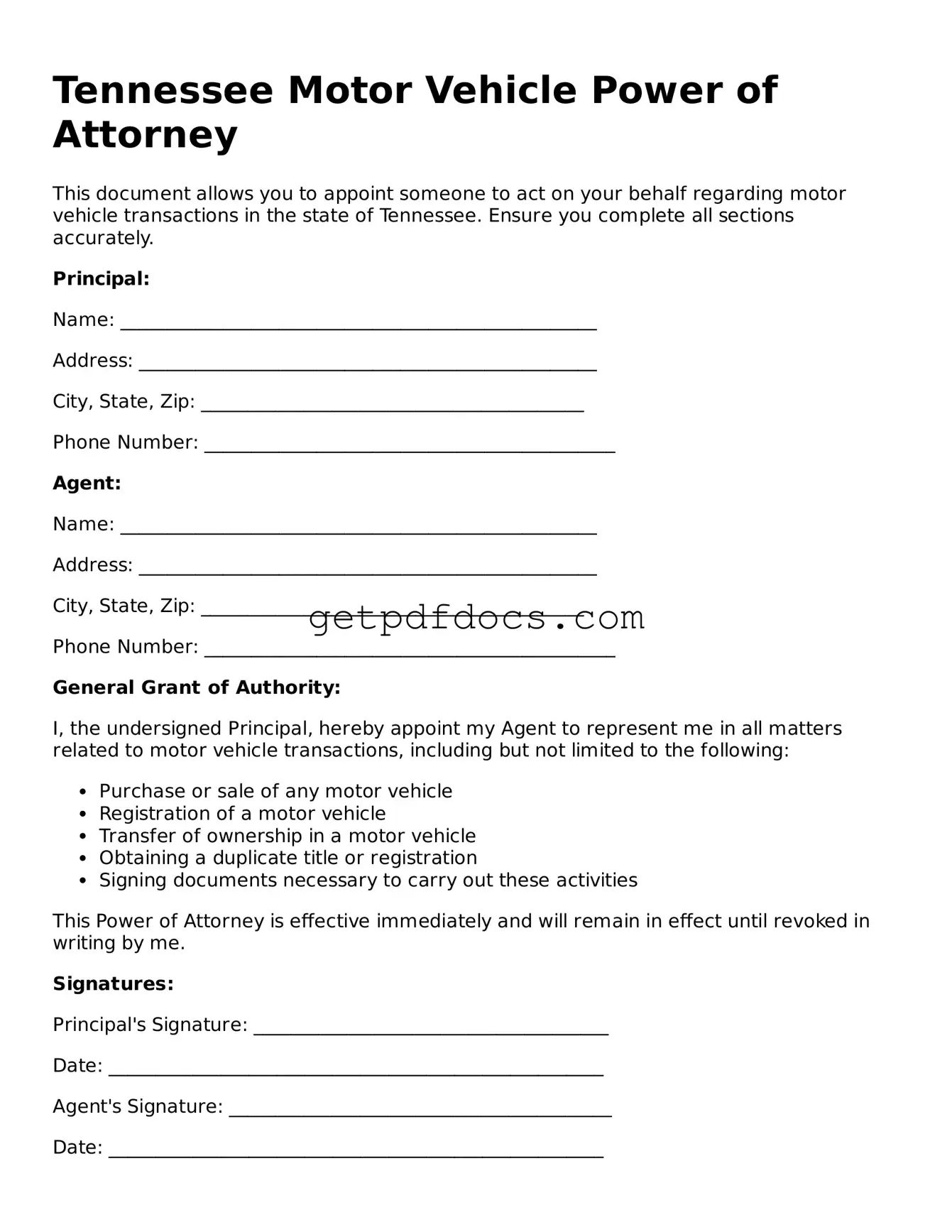 Attorney-Approved Motor Vehicle Power of Attorney Form for Tennessee State