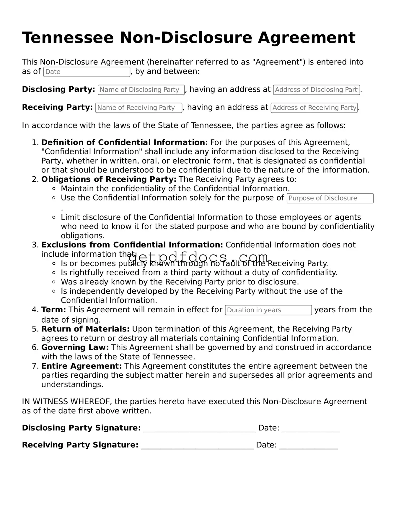 Attorney-Approved Non-disclosure Agreement Form for Tennessee State