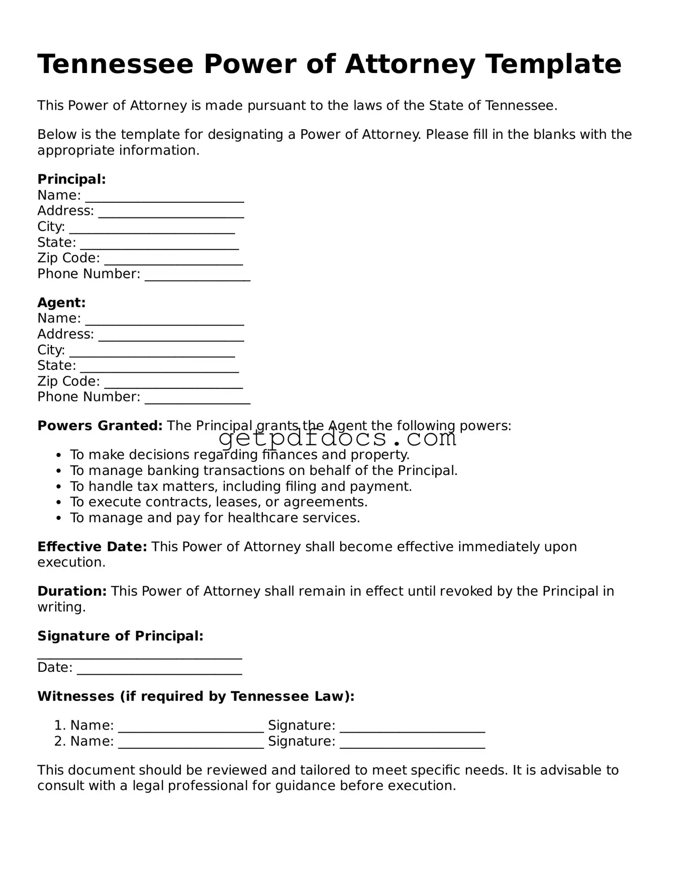 Attorney-Approved Power of Attorney Form for Tennessee State