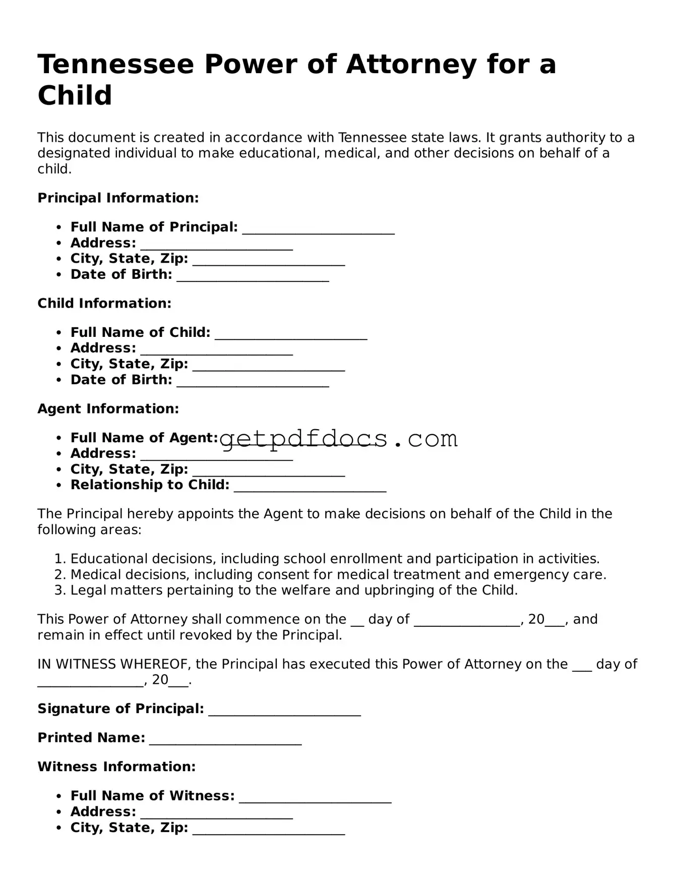 Attorney-Approved Power of Attorney for a Child Form for Tennessee State