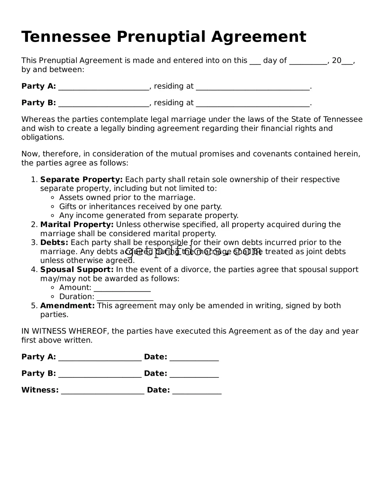 Attorney-Approved Prenuptial Agreement Form for Tennessee State