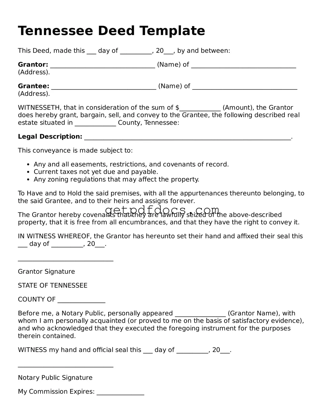 Attorney-Approved Deed Form for Tennessee State