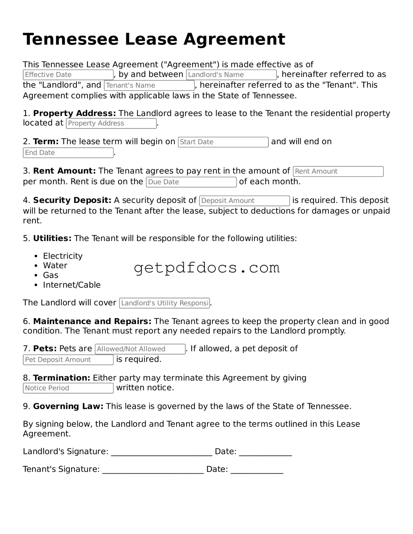 Attorney-Approved Lease Agreement Form for Tennessee State