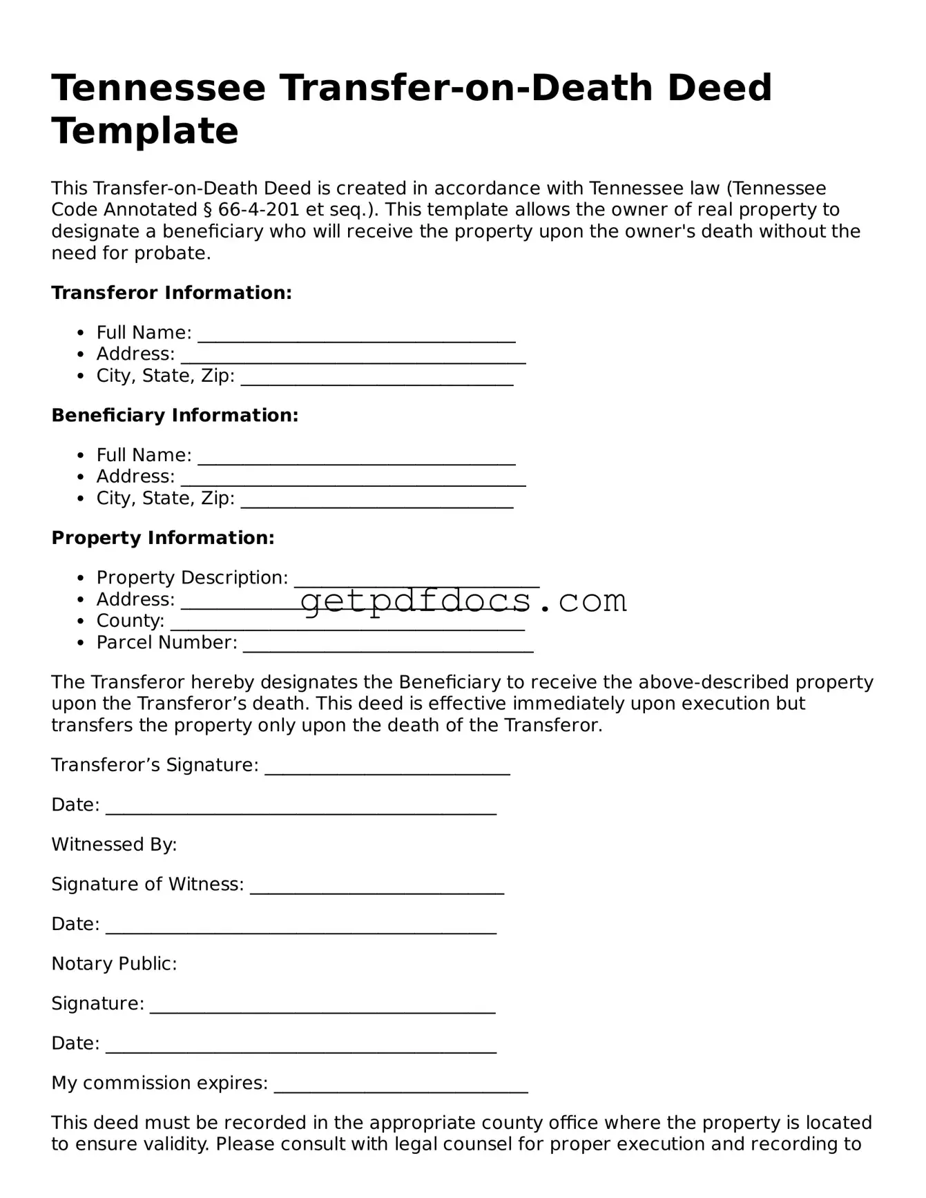 Attorney-Approved Transfer-on-Death Deed Form for Tennessee State