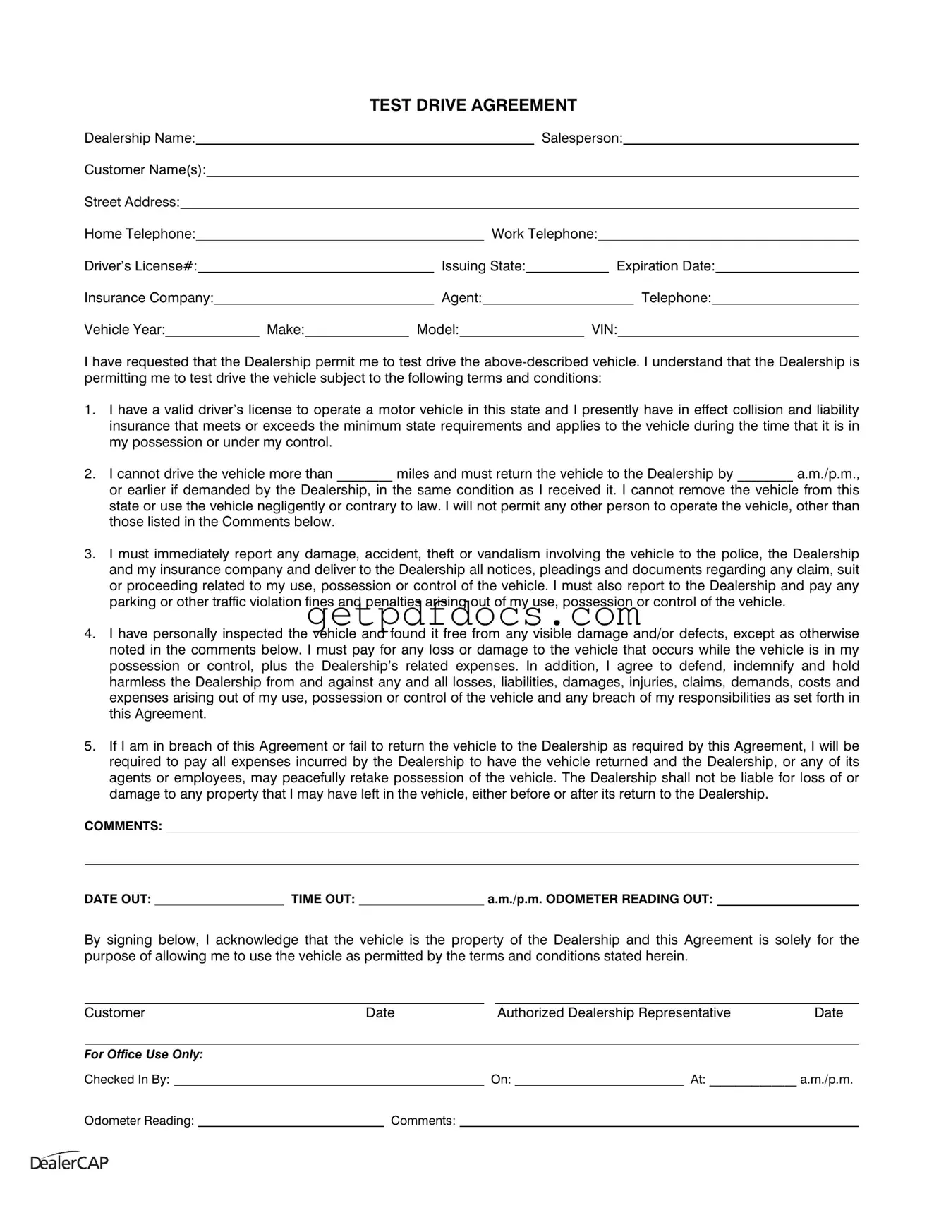 Fill in a Valid Test Drive Template