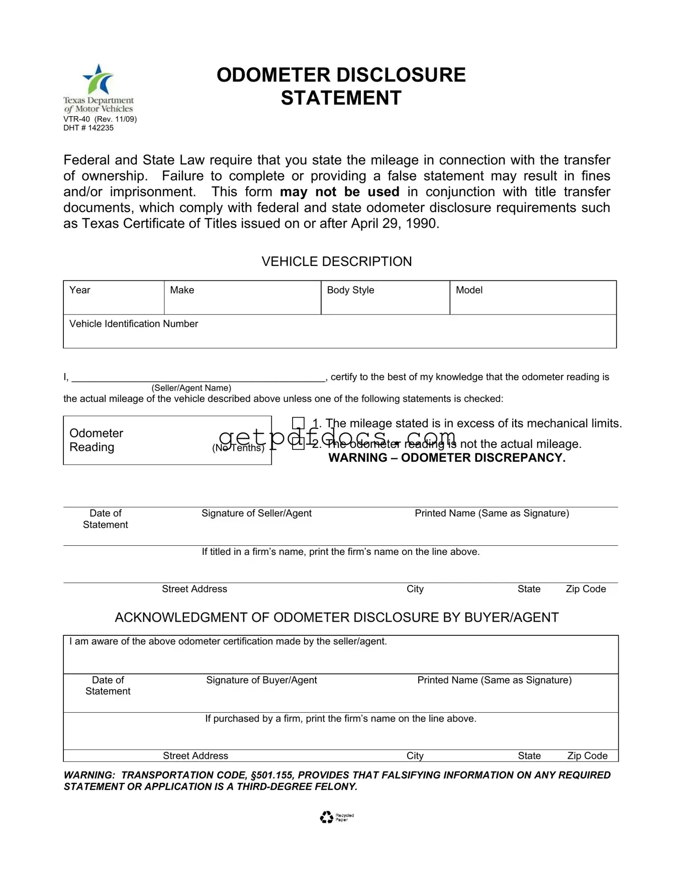 Fill in a Valid Texas Odometer Statement Template