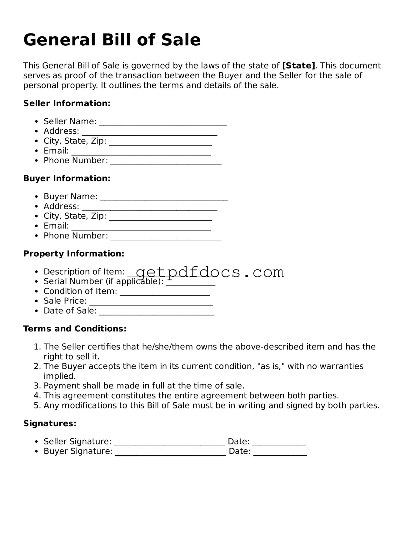 Printable General Bill of Sale Template
