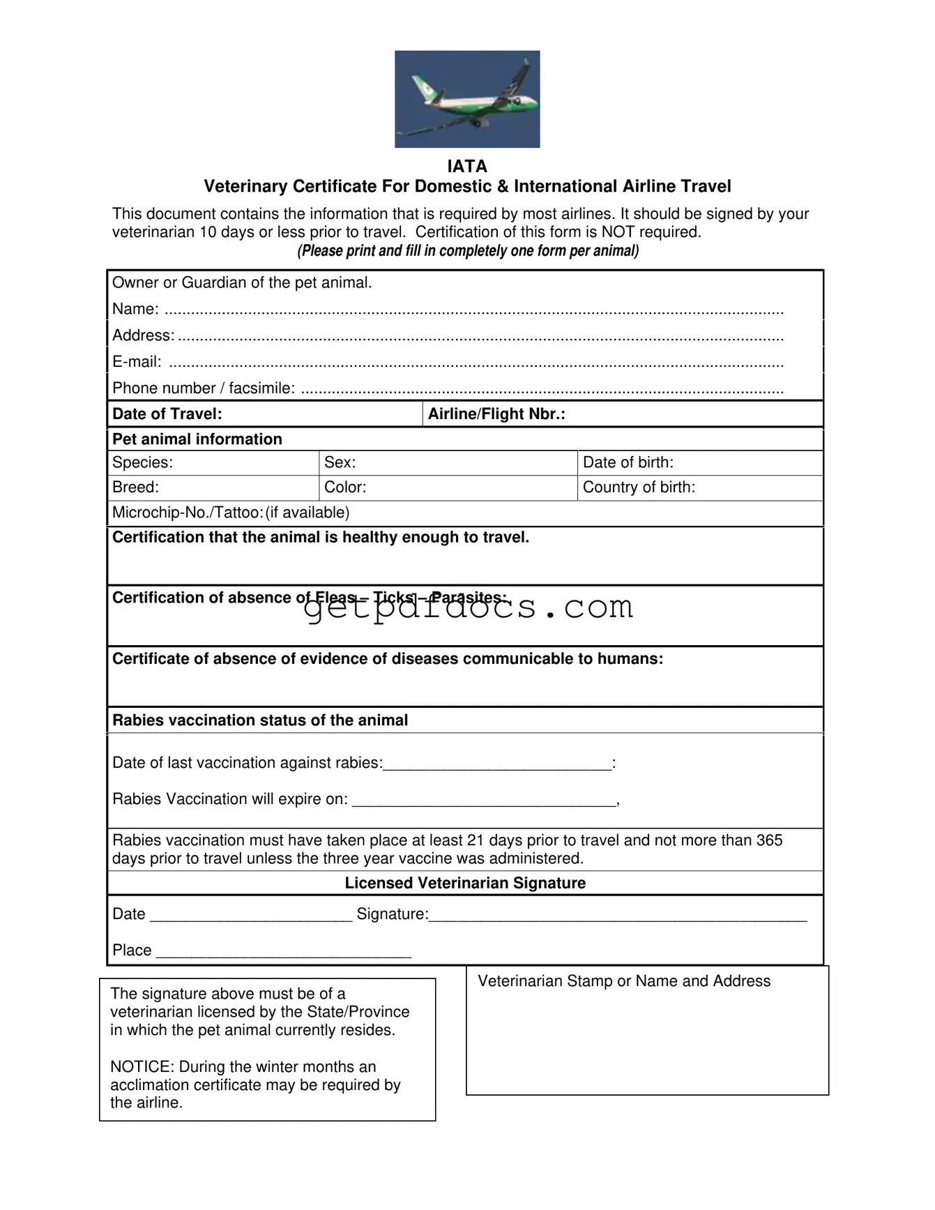 Fill in a Valid Veterinary Certificate Travel Template