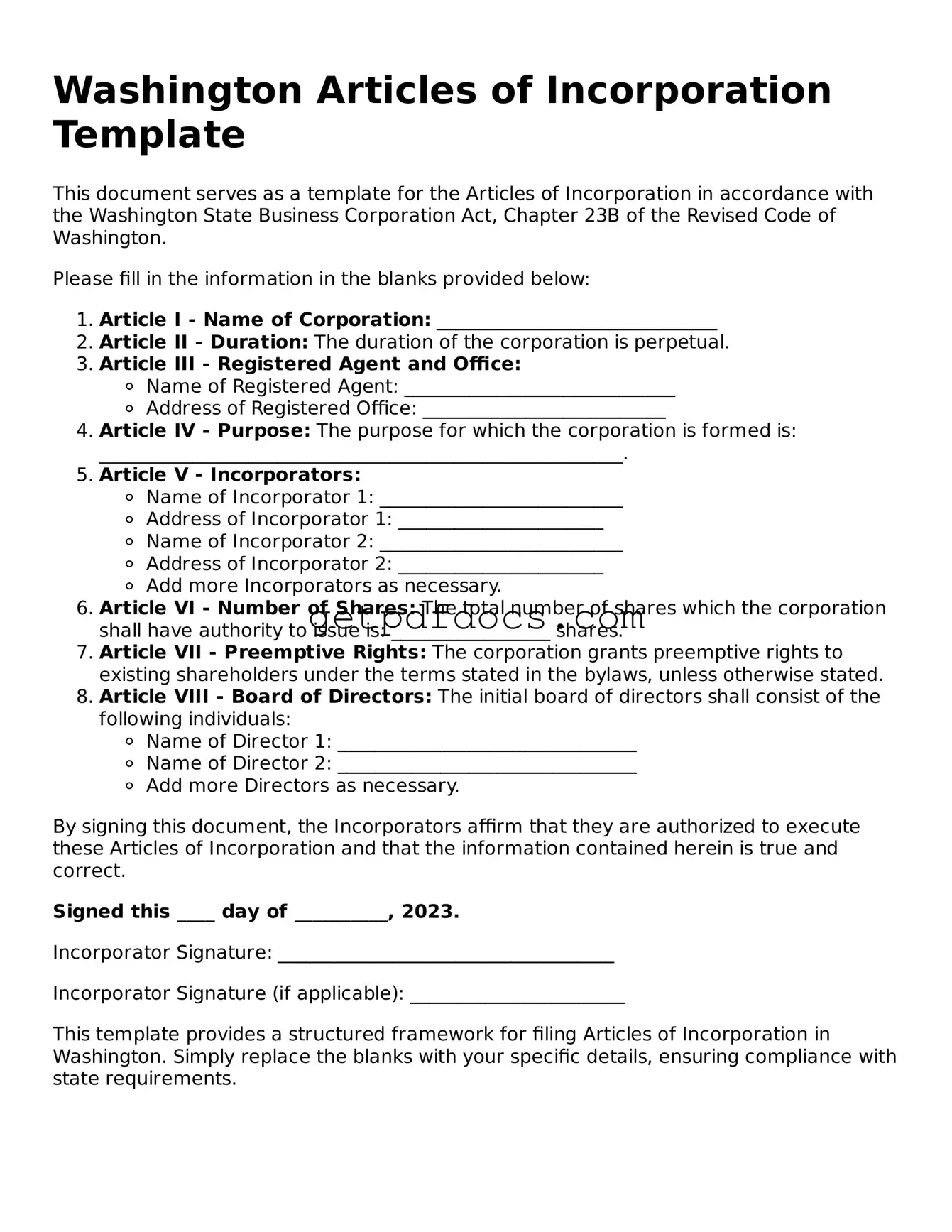 Attorney-Approved Articles of Incorporation Form for Washington State