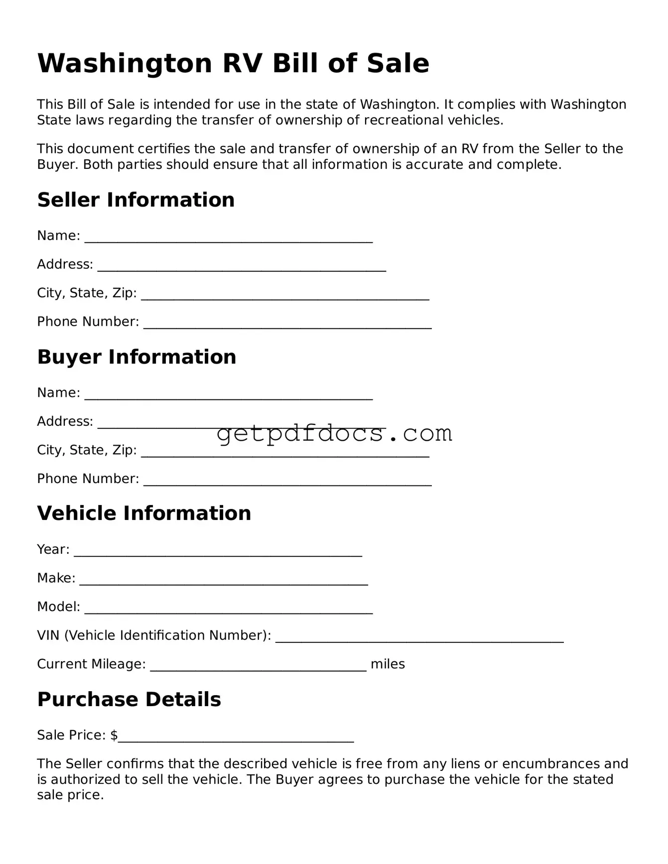 Attorney-Approved RV Bill of Sale Form for Washington State