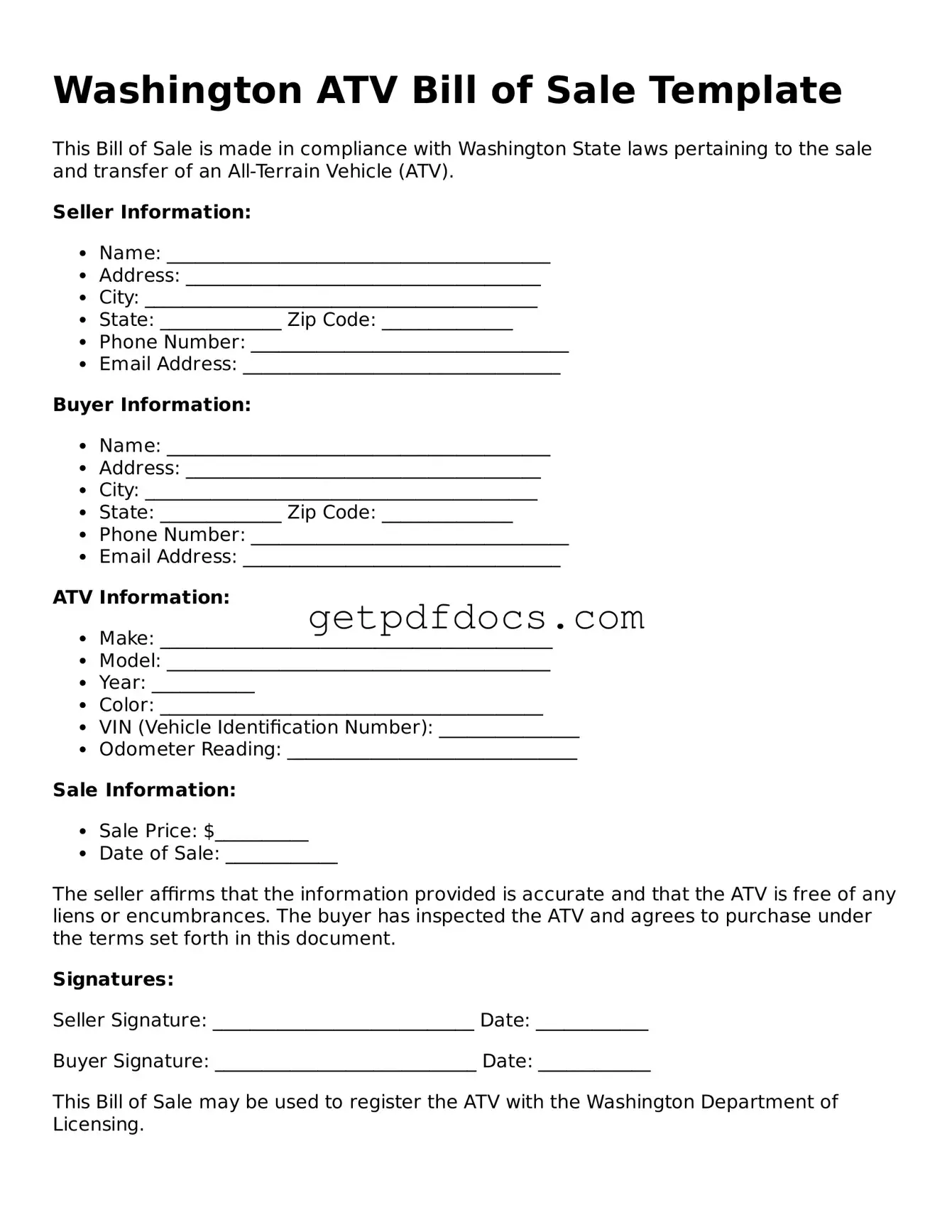 Attorney-Approved ATV Bill of Sale Form for Washington State