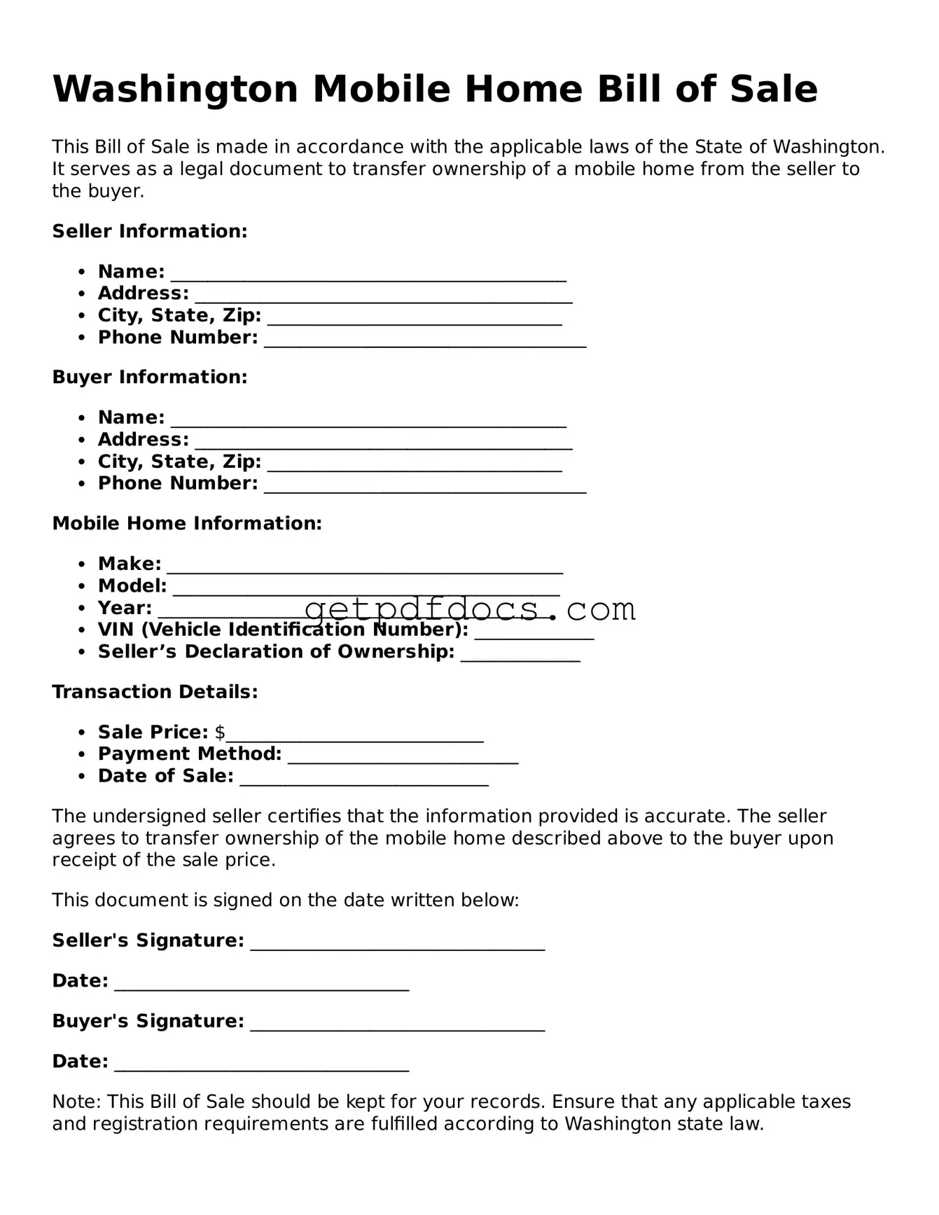 Attorney-Approved Mobile Home Bill of Sale Form for Washington State