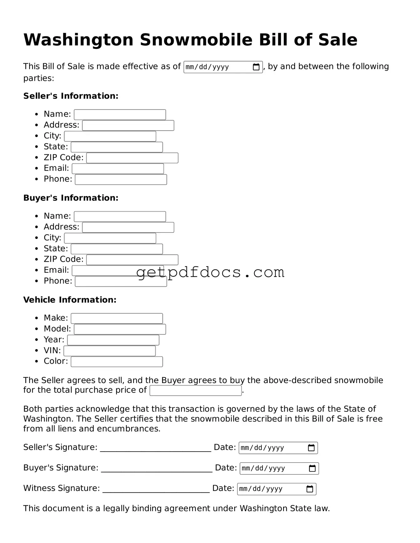 Attorney-Approved Snowmobile Bill of Sale Form for Washington State