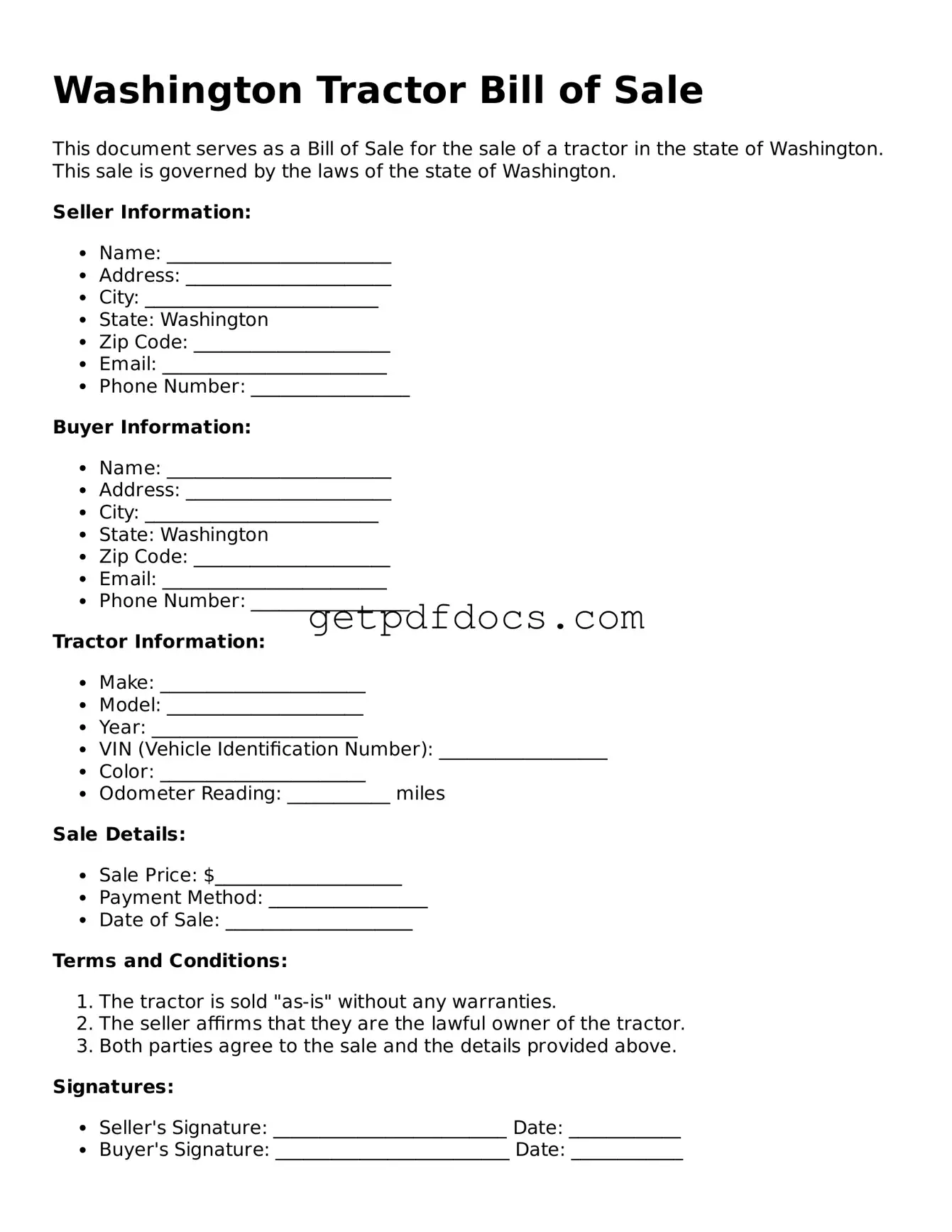 Attorney-Approved Tractor Bill of Sale Form for Washington State