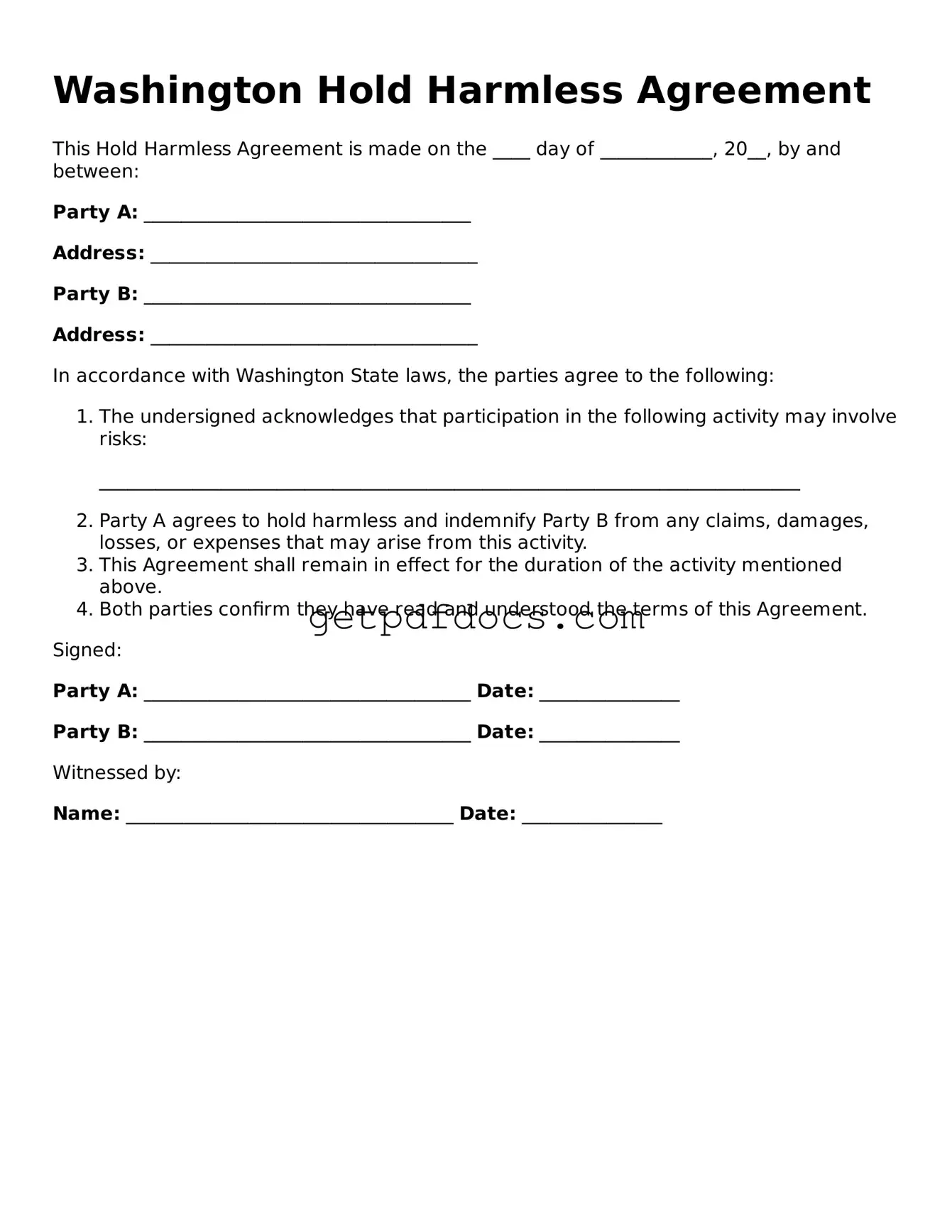 Attorney-Approved Hold Harmless Agreement Form for Washington State