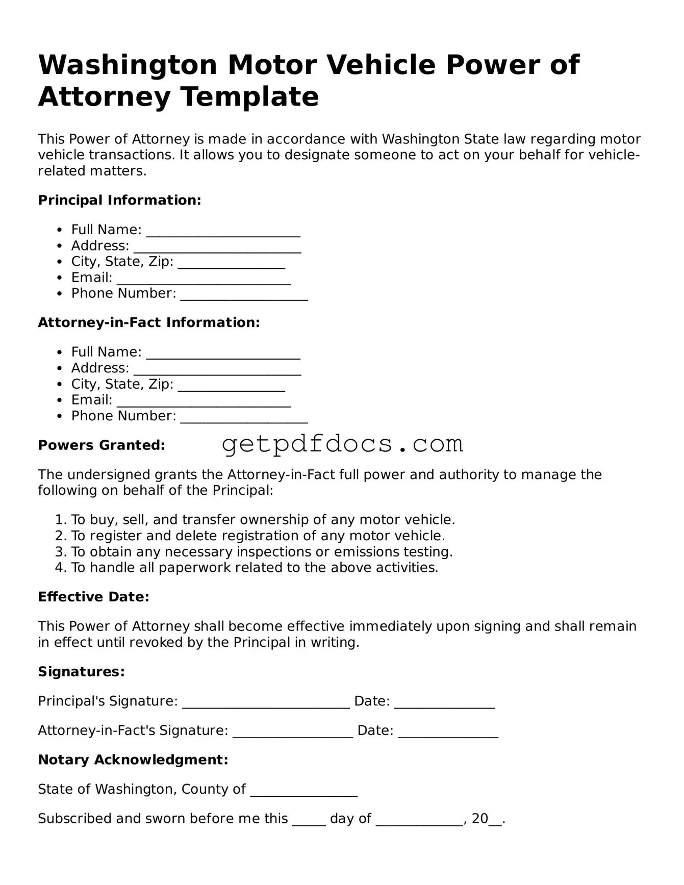 Attorney-Approved Motor Vehicle Power of Attorney Form for Washington State