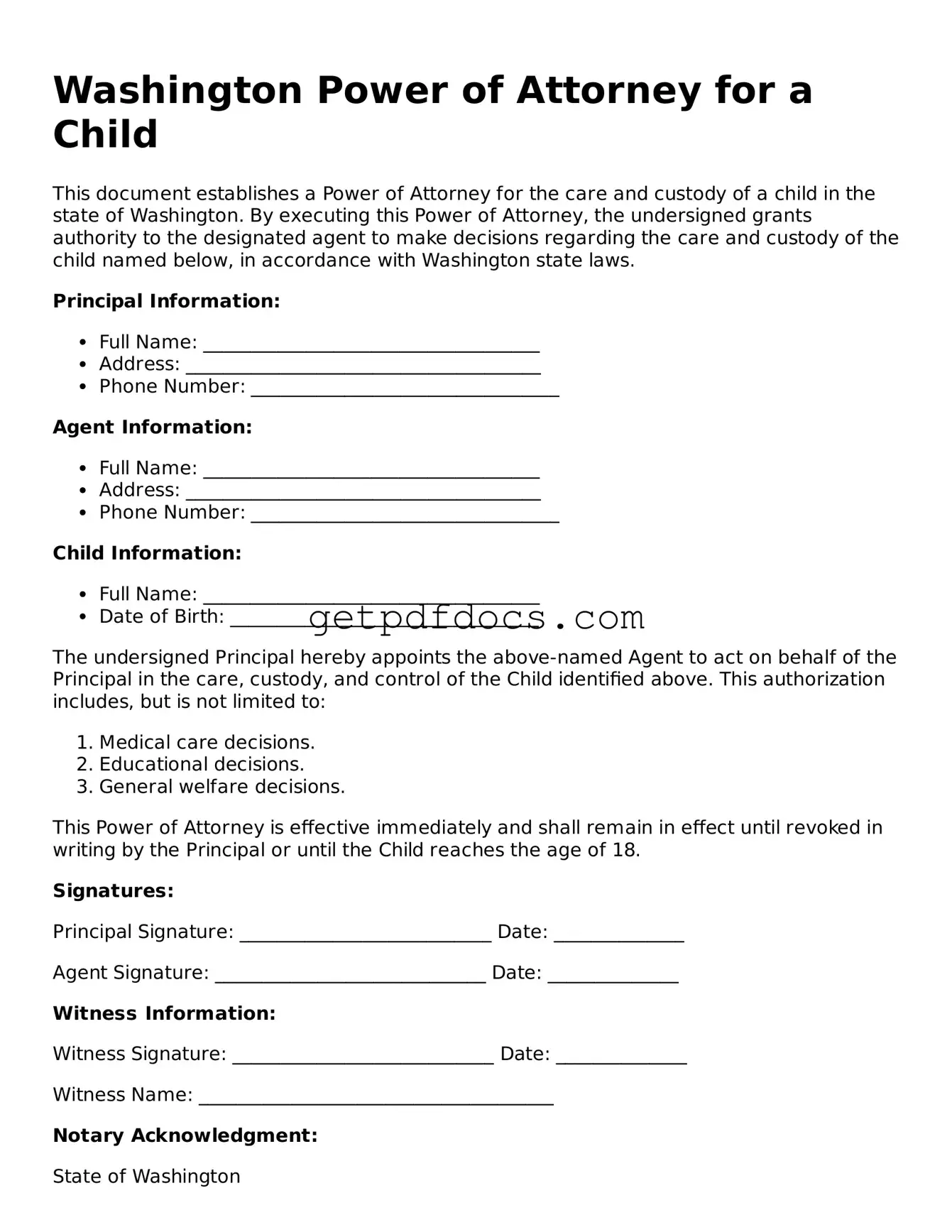 Attorney-Approved Power of Attorney for a Child Form for Washington State