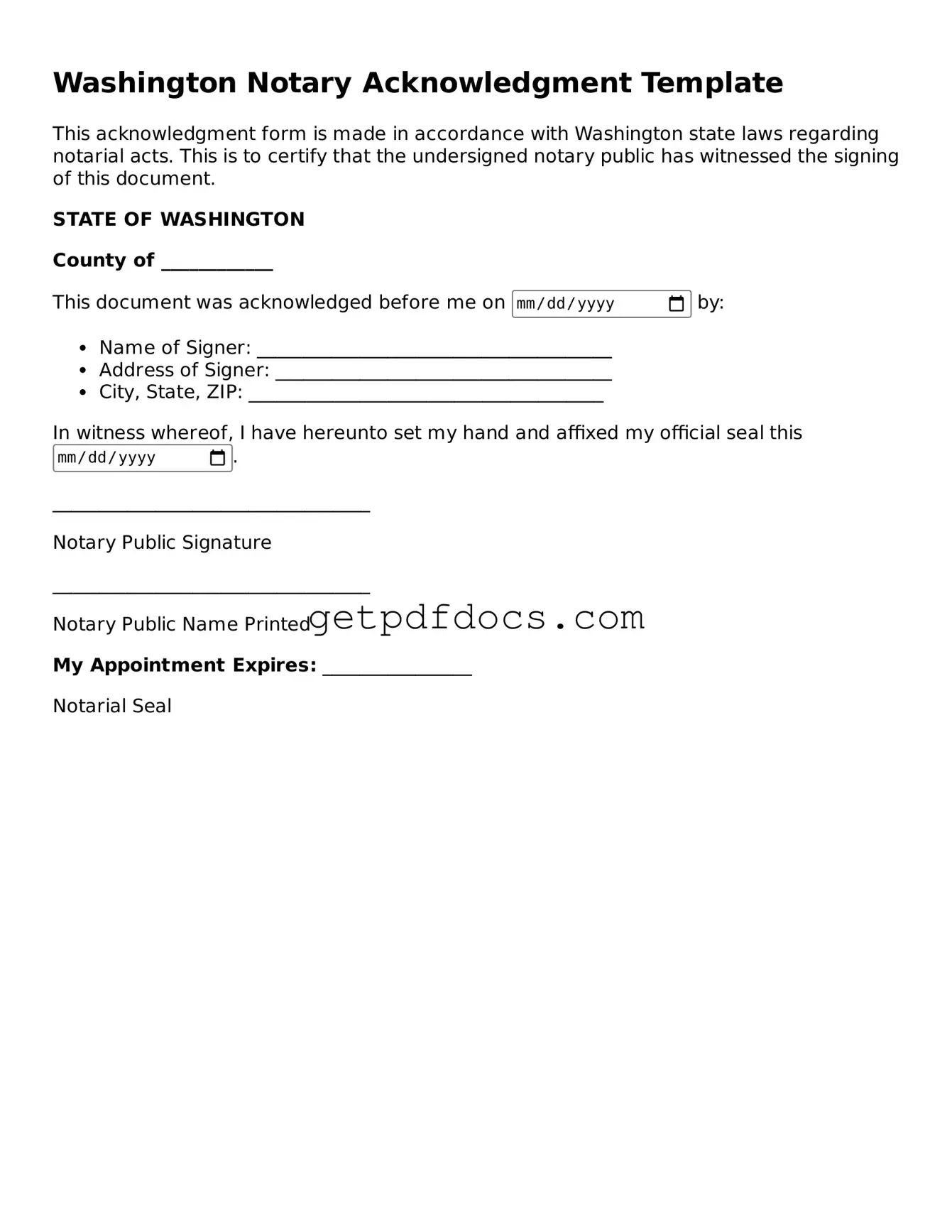 Attorney-Approved Notary Acknowledgement Form for Washington State