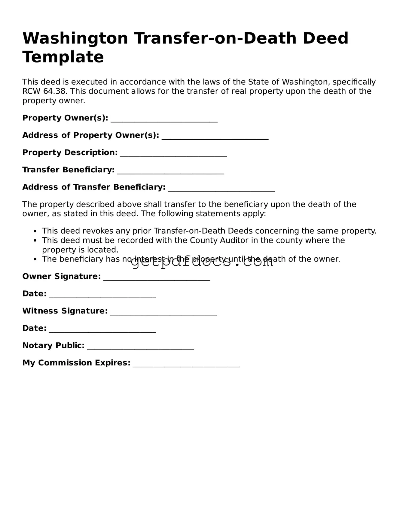 Attorney-Approved Transfer-on-Death Deed Form for Washington State