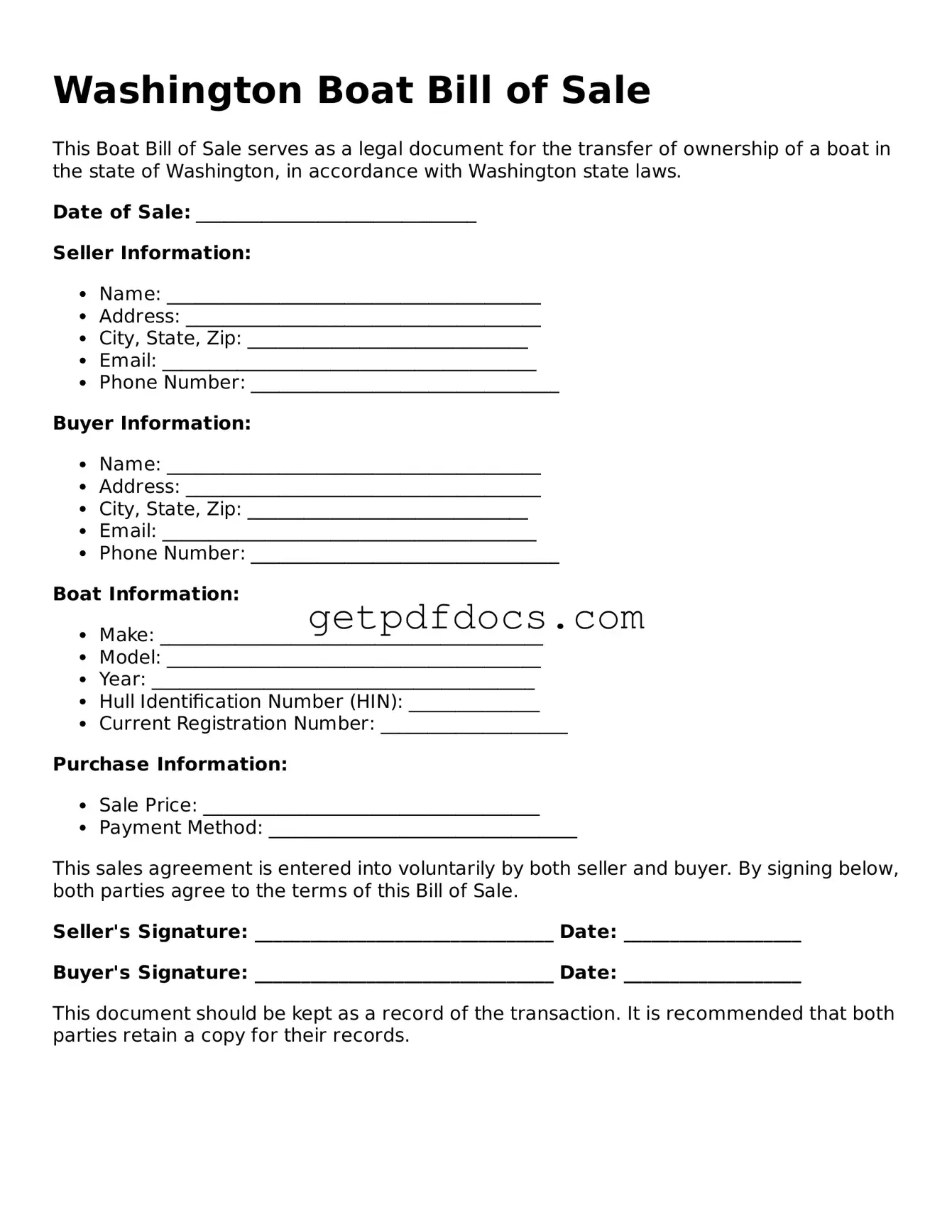 Attorney-Approved Boat Bill of Sale Form for Washington State